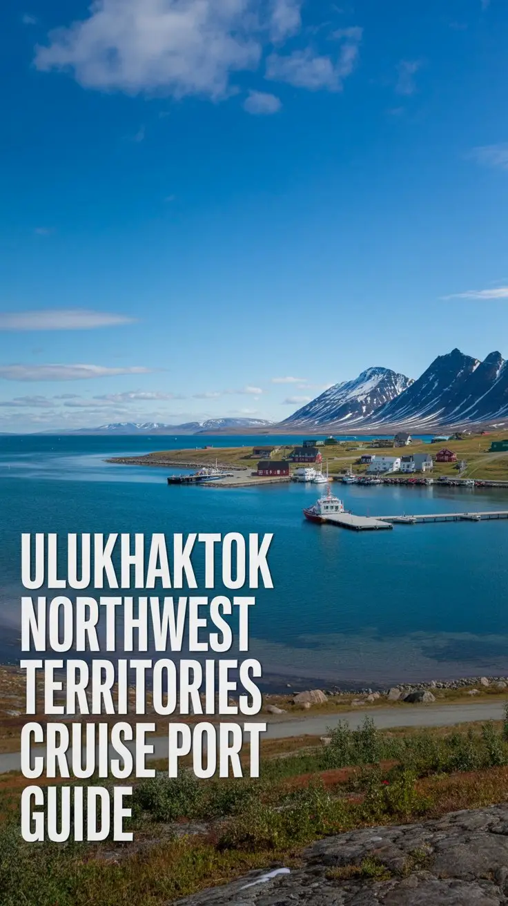 A photograph of a pristine Arctic cruise port on a brilliant sunny day, showcasing the remote settlement of Ulukhaktok in Canada's Northwest Territories. The image captures a expansive view of the harbor with crystal-clear turquoise waters, a small dock extending into the bay, and scattered low-rise buildings dotting the tundra landscape. Snow-capped mountains rise majestically in the distance under a vivid blue sky with wispy white clouds, while the foreground features hardy Arctic vegetation and rocky terrain. Bold white text reading "Ulukhaktok Northwest Territories Cruise Port Guide" is prominently displayed in the left portion of the image, creating a clean informational overlay against the stunning northern wilderness backdrop.