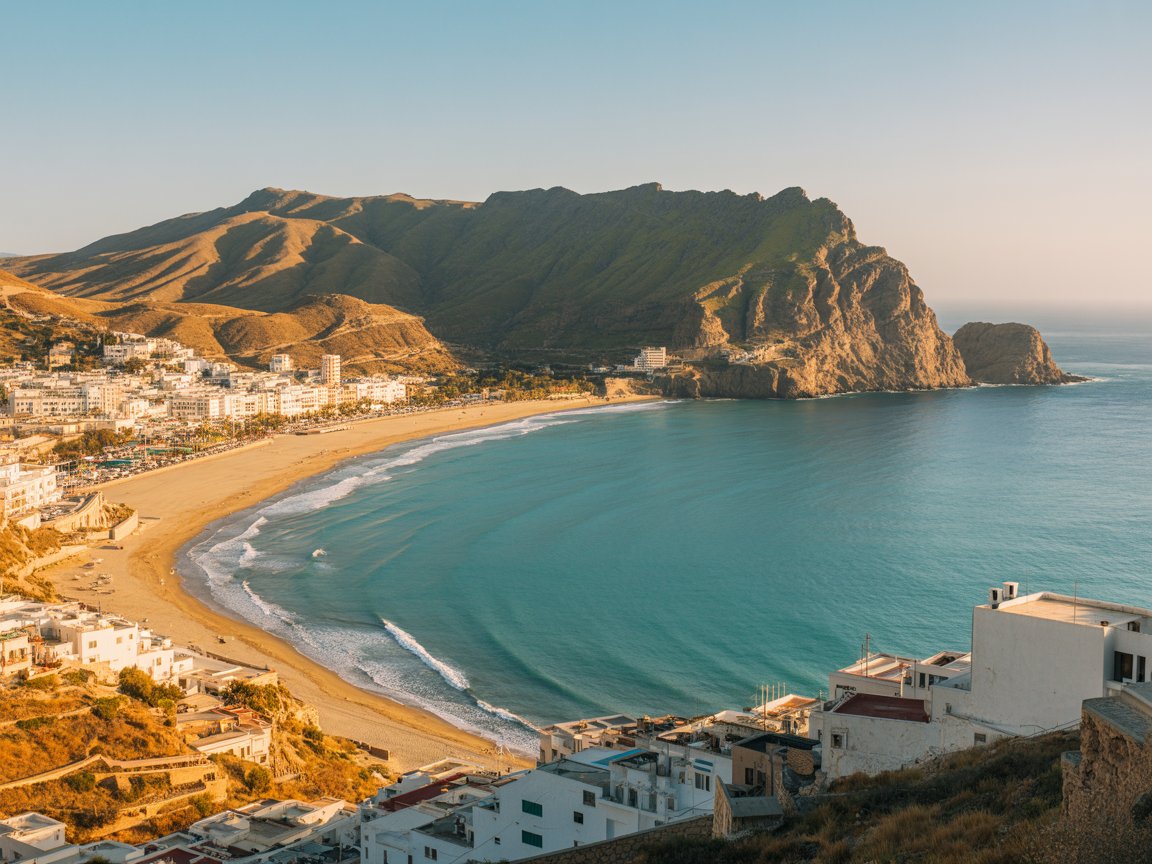 Views from city of Al Hoceima with Rif mountains on one side, stunning beaches on the other