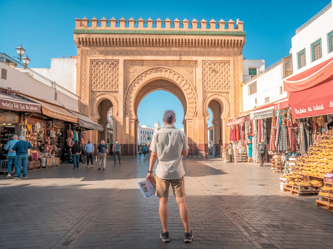 A photograph of a casual tourist standing at the bustling entrance to the medina at Grand Socco in Tangier, Morocco, on a bright sunny day. The tourist, wearing comfortable walking shoes, khaki shorts, and a light cotton shirt, holds a guidebook while gazing up at the ornate archway that marks the entrance to the historic quarter. The ancient stone gateway is adorned with intricate Islamic geometric patterns and flanked by vibrant market stalls selling colorful textiles and spices. Golden sunlight bathes the scene, casting sharp shadows across the weathered cobblestones and illuminating the warm ochre and terracotta tones of the surrounding buildings.