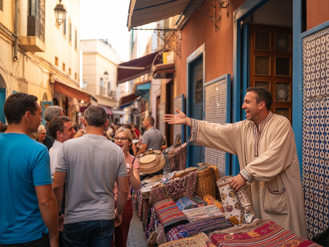 close up Safi city street with cruise passenger tourists & local