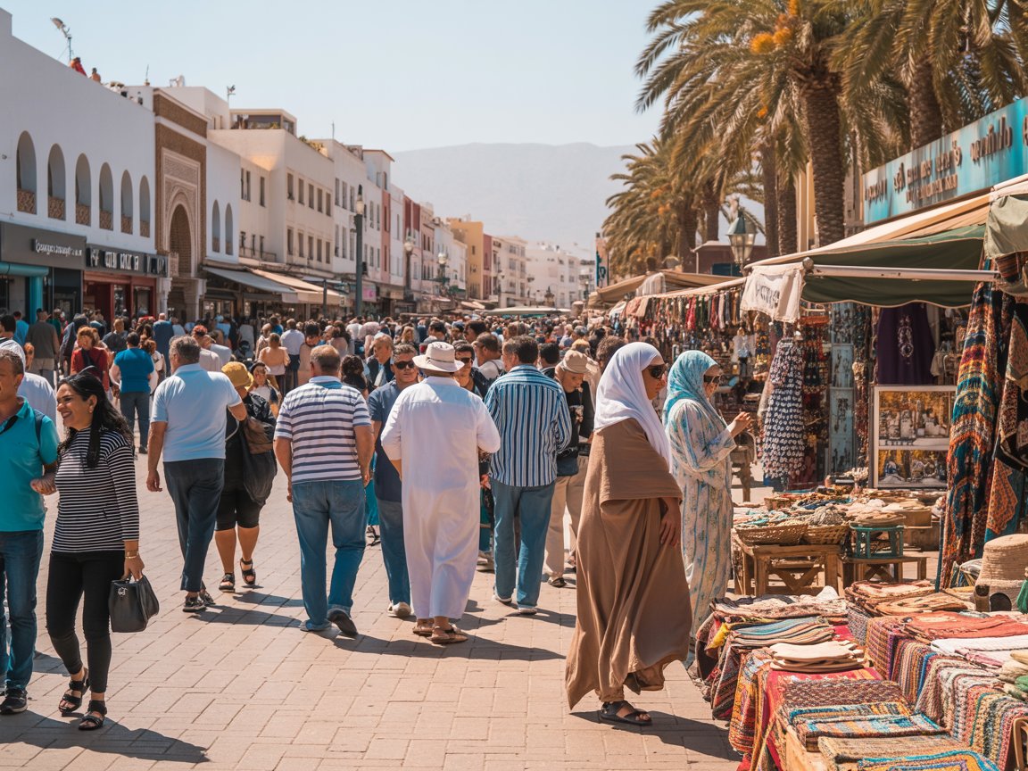 typical Agadir city street with cruise passenger tourists & locals