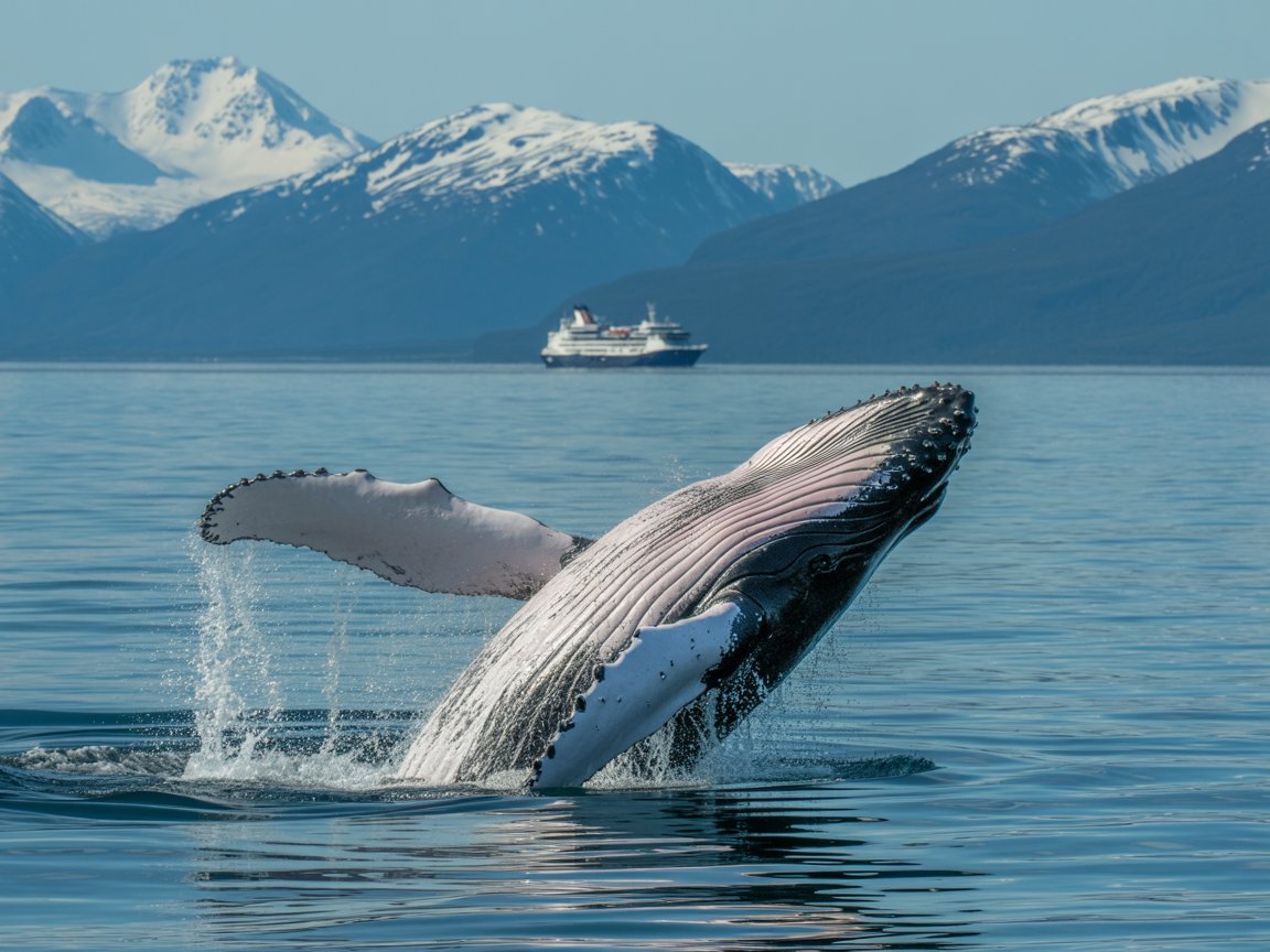 Humpback whale breaching in Alaska