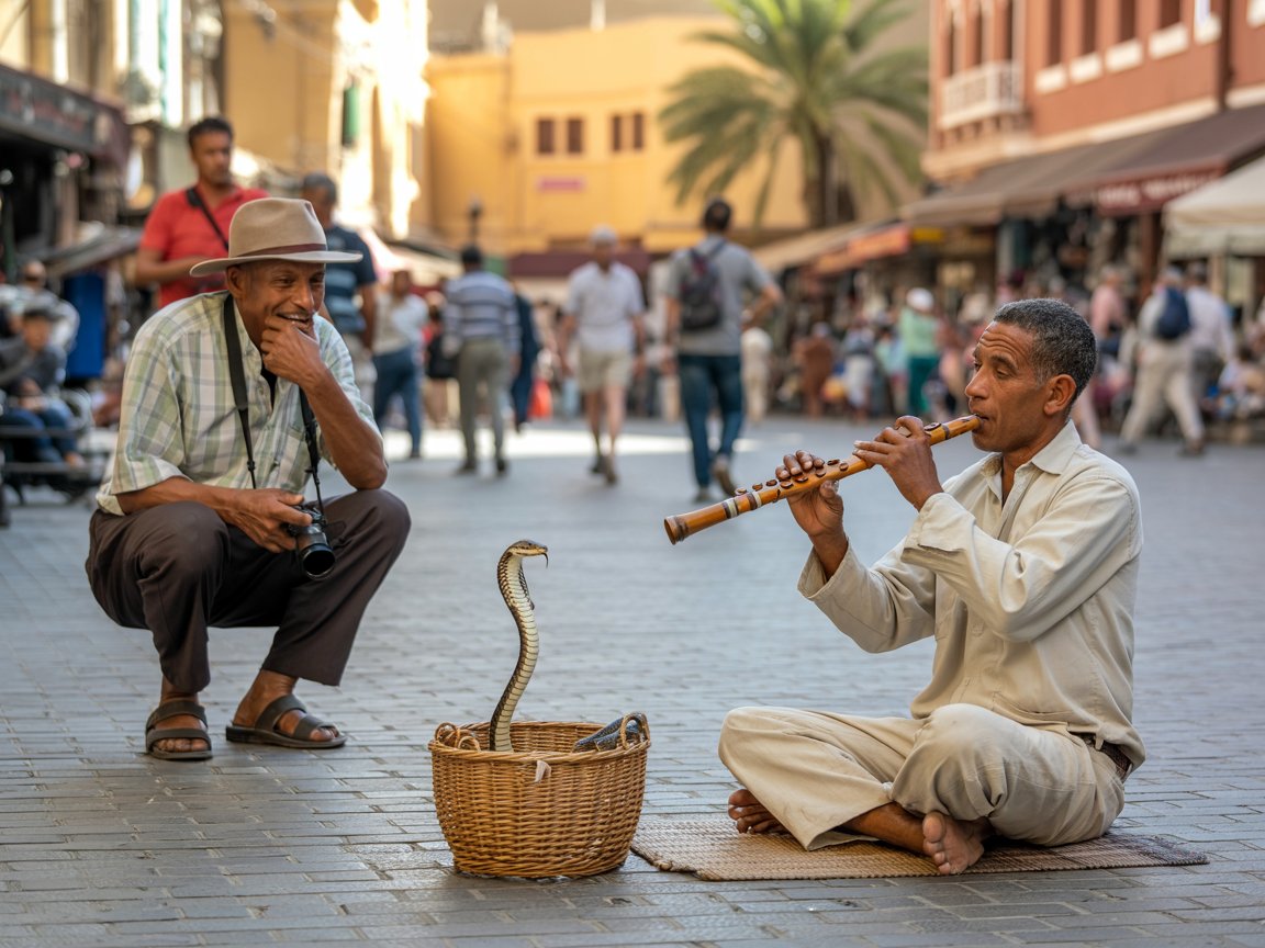 Snake charmer with cruise passenger in Tangier Grand Socco
