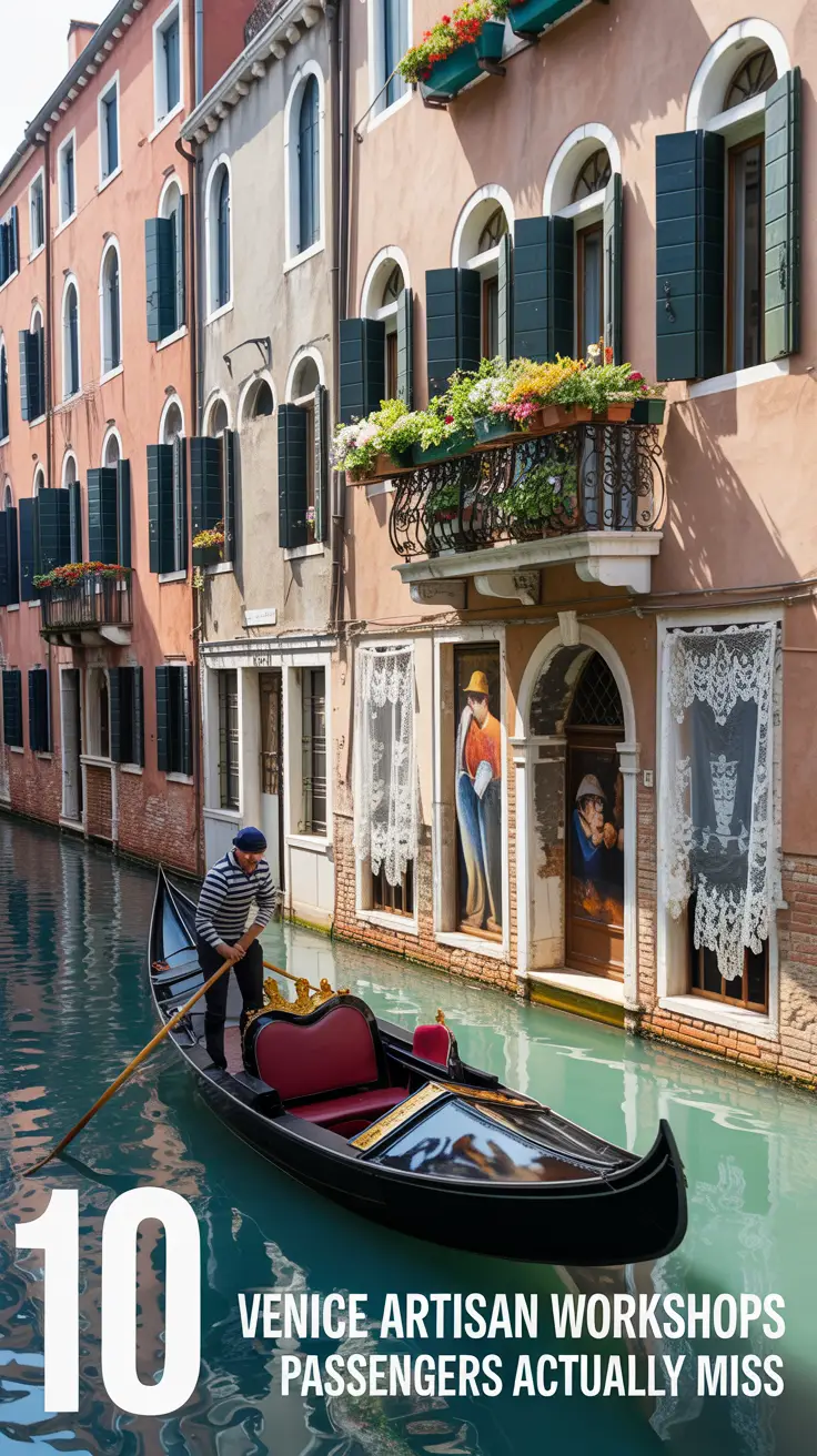 A stunning, sun-drenched photograph showcasing a charming Venetian canal scene. A gondola drifts lazily along the canal, revealing skilled artisans engaged in various crafts on the nearby buildings: a glassblower shaping a vibrant vase, a mask maker meticulously painting details, and a lace maker creating intricate patterns, capturing the essence of Venetian artistry. The buildings lining the canal are adorned with flower boxes overflowing with colorful blooms, reflecting warmly in the water, with the big left-aligned text overlay: "10 Venice Artisan Workshops Cruise Passengers Actually Miss". The scene is bathed in bright, natural light, highlighting the vibrant colors and textures of Venice.