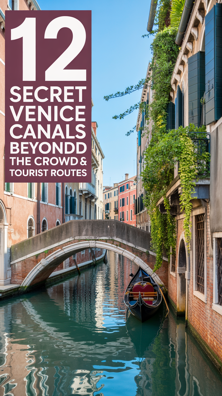 A stunning photograph showcasing a picturesque canal in Venice, Italy, untouched by the usual tourist crowds. A weathered stone bridge gracefully arcs over the canal, reflecting the clear blue sky and surrounding buildings in the still water. Lush green foliage drapes over the bridge's edges, and a single gondola rests quietly against the canal wall, partially obscured by climbing ivy, all bathed in bright, natural sunlight.