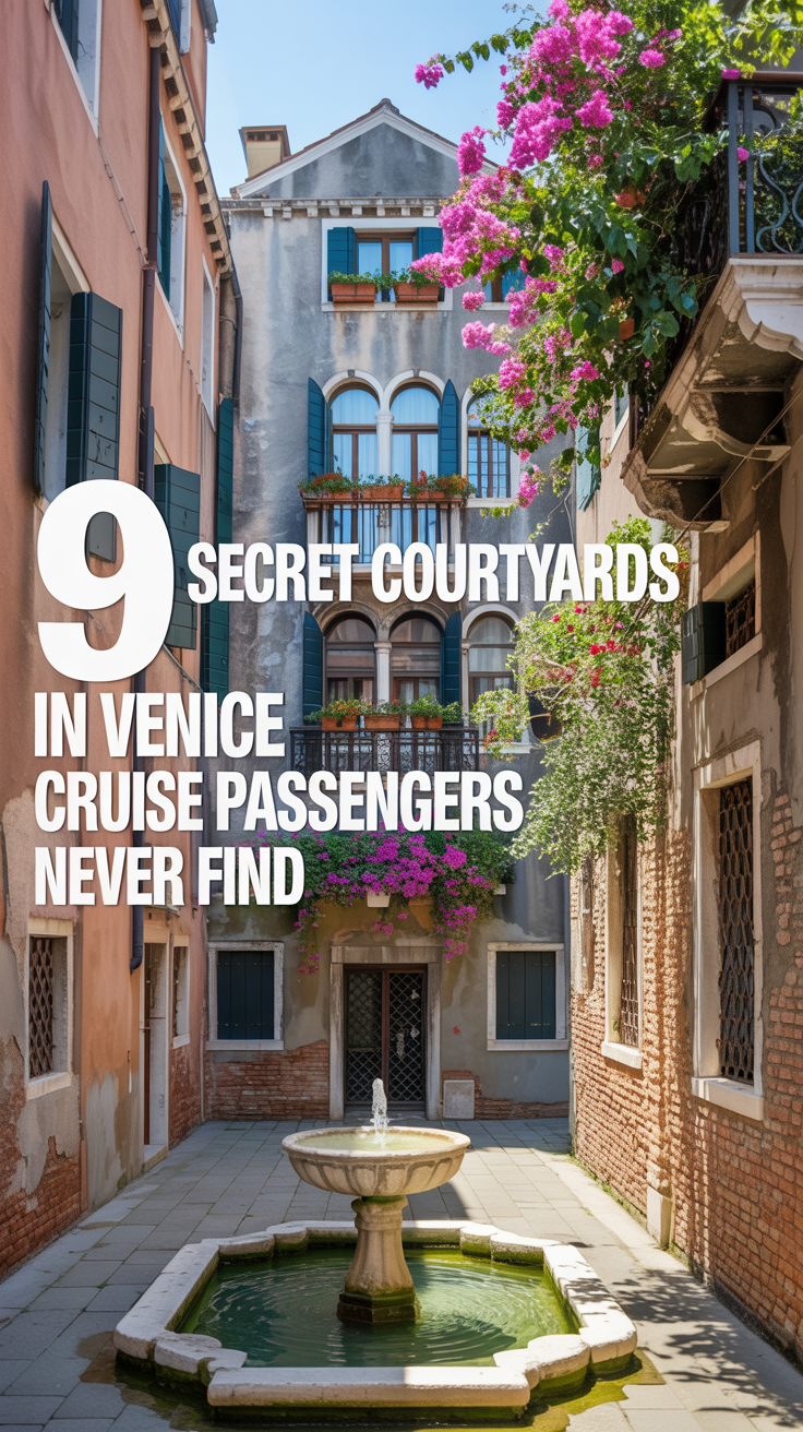 A stunning, sun-drenched photograph depicting a hidden courtyard in Venice, Italy, teeming with vibrant bougainvillea spilling from weathered stone walls. The courtyard features a central stone fountain with water gently cascading into a moss-covered basin, and a wrought-iron balcony with flower boxes overlooking the scene. The scene is bathed in bright sunlight, highlighting the textures of the stone and the rich colors of the flowers, evoking a sense of tranquility and discovery.