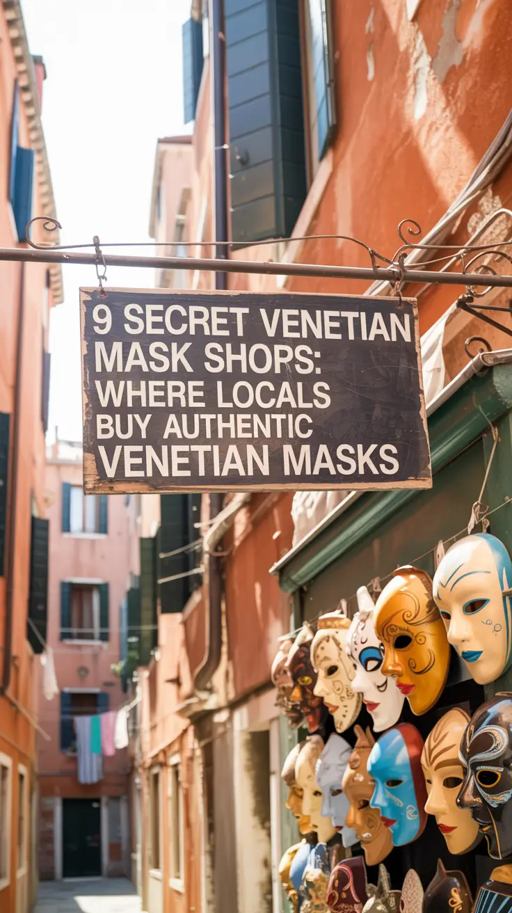A stunning photograph of a charming, narrow Venetian alleyway on a bright, sunny day. A weathered, wooden sign hangs above a small mask shop, partially obscuring a vibrant display of handcrafted Venetian masks inside. The alley walls are a warm terracotta color with peeling paint, and laundry lines strung between buildings add to the authentic, lived-in atmosphere. Sunlight streams down, illuminating the masks and creating a sense of quiet discovery.