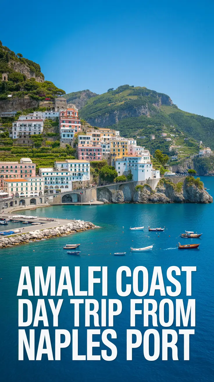 A stunning photograph capturing a picturesque view of the Amalfi Coast during a bright, sunny day, featuring a vibrant coastal town with colorful buildings nestled into the cliffs, lush green vegetation on terraced slopes, small boats in the turquoise harbor, and a clear blue sky highlighting the serene Italian coastline.