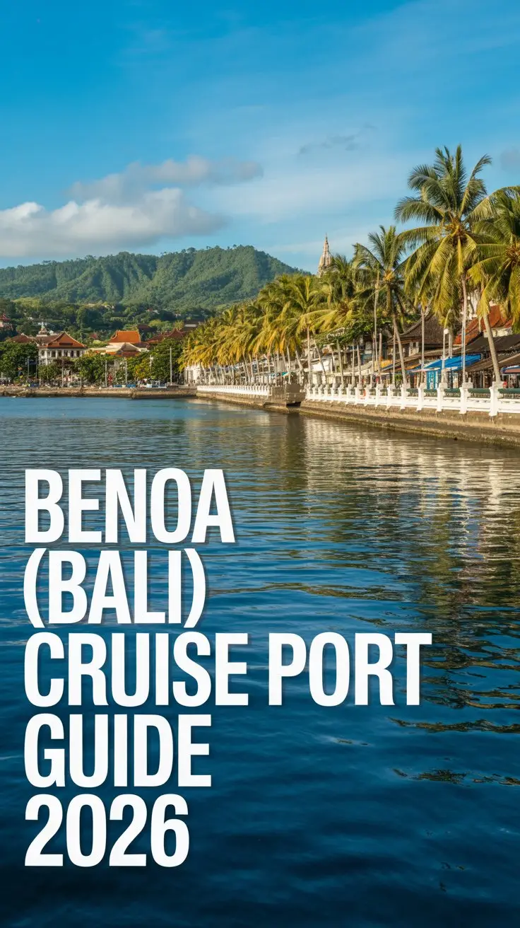 Benoa Bali harbor waterfront with palm trees mountains and text overlay Benoa Bali Cruise Port Guide 2026
