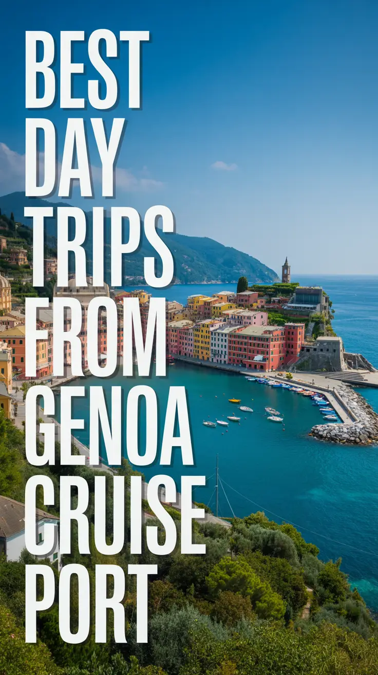 A stunning photograph showcasing a picturesque coastal town viewed from a scenic overlook near Genoa Cruise Port. In the foreground, colorful houses cascade down a hillside towards a sparkling turquoise harbor, with small boats gently bobbing on the water. The composition is framed by lush green hills and a clear blue sky, capturing the essence of a perfect Italian summer day.