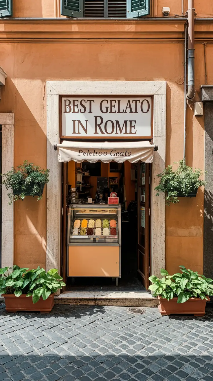 A photograph of a classic gelato shop in Rome, Italy, featuring a vibrant display case filled with colorful gelato flavors. A large, left-aligned sign boldly proclaims "Best Gelato in Rome" in an elegant, serif typeface. The shop’s facade is painted a cheerful terracotta color, and the cobblestone street is bathed in bright sunlight, casting sharp shadows. Lush green potted plants frame the entrance, adding a touch of natural beauty to the scene.