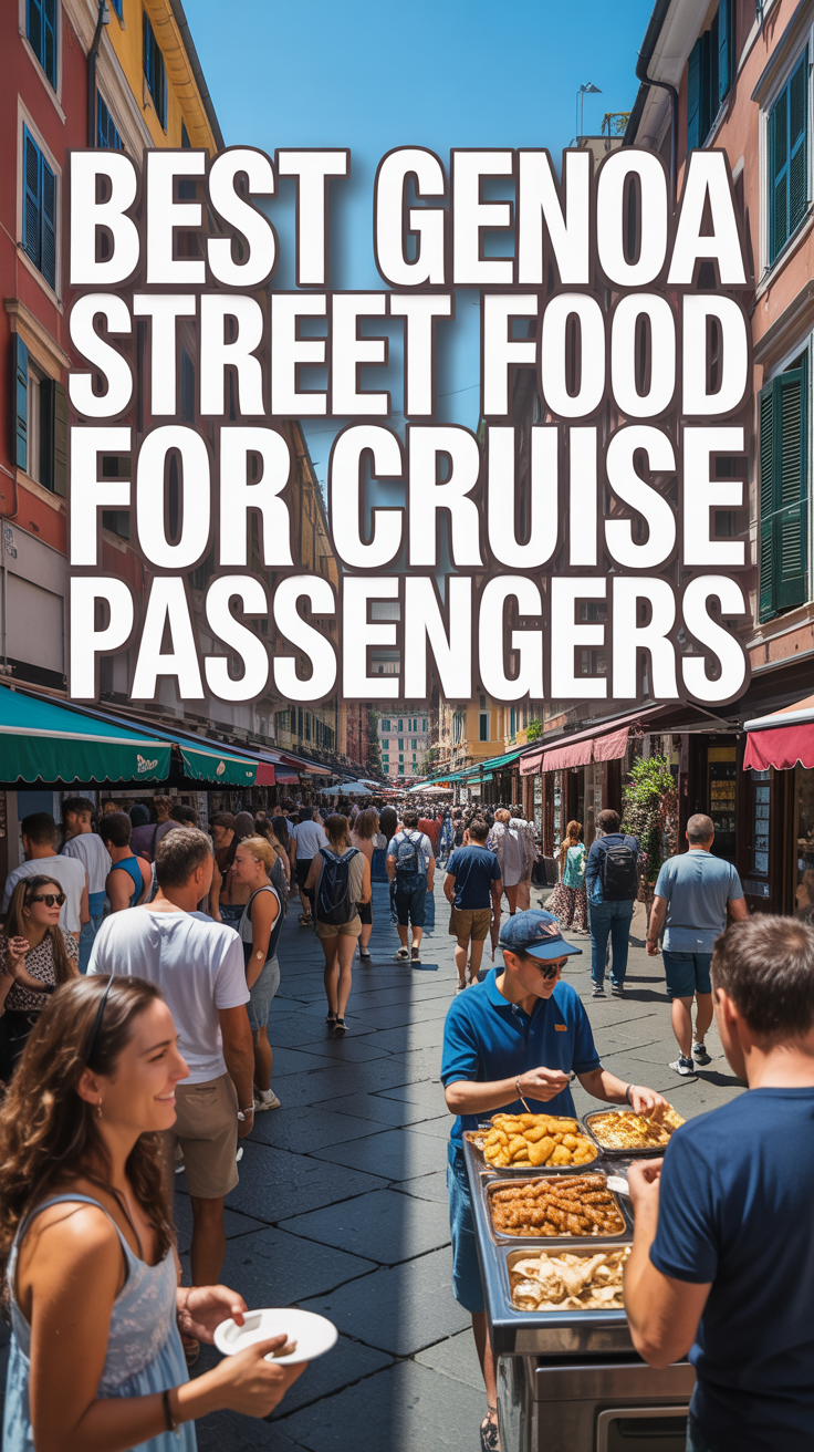 A vibrant lifestyle advertisement showcasing a bustling Genoa street scene with locals and tourists enjoying traditional Ligurian street food; lively atmosphere with colorful storefronts, cobblestone streets, food vendors, and natural sunlight—spotlighting Genoa as a must-visit destination for cruise passengers seeking authentic Italian experiences.