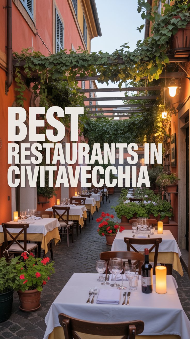 A photograph of a charming Italian restaurant terrace in Civitavecchia, with warm terracotta walls and climbing ivy framing outdoor dining tables set with crisp white linens. The scene features rustic wooden chairs, flickering candlelight, and bottles of wine catching the golden evening light filtering through a pergola overhead. Cobblestone pathways wind between the tables, while potted geraniums and herbs add splashes of vibrant red and green to the Mediterranean setting. Bold white text reading "Best Restaurants in Civitavecchia" is prominently displayed in the left portion of the image, creating an inviting travel guide aesthetic.