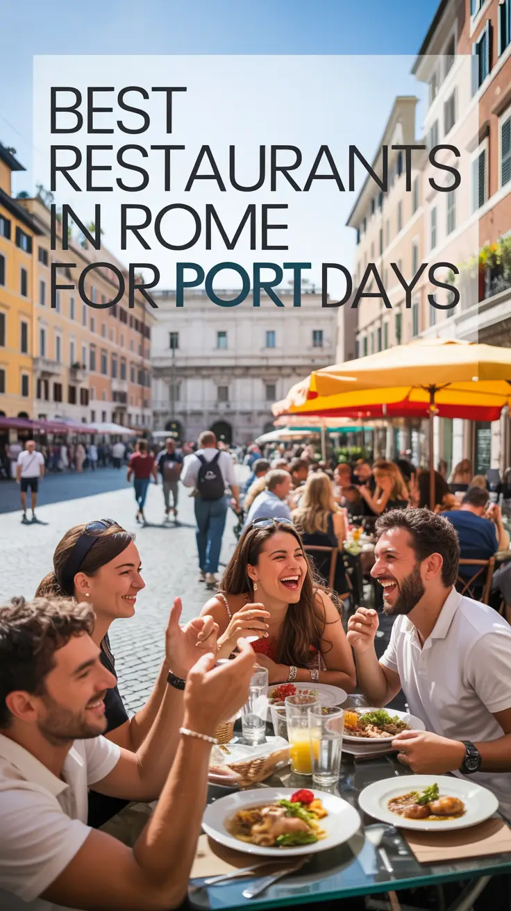 A vibrant lifestyle advertisement showcasing a bustling Roman piazza bathed in bright, natural sunlight, featuring outdoor diners enjoying a delicious meal at one of the city's finest restaurants. The scene captures the authentic atmosphere of Rome with cobblestone streets, charming architecture, and vibrant cafe umbrellas, with a focus on joyful expressions and lively conversation among patrons.
