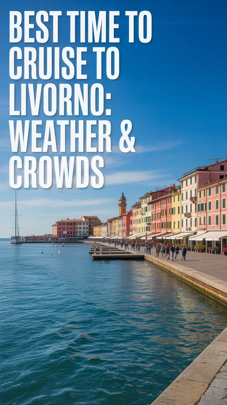 A vibrant, sun-drenched photograph capturing the picturesque coastal town of Livorno, Italy. The scene focuses on a bustling waterfront promenade lined with colorful buildings and charming cafés, bathed in bright sunshine and a clear blue sky. Gentle waves lap against the harbor, reflecting the warm sunlight, with a few sailboats peacefully gliding by in the distance.