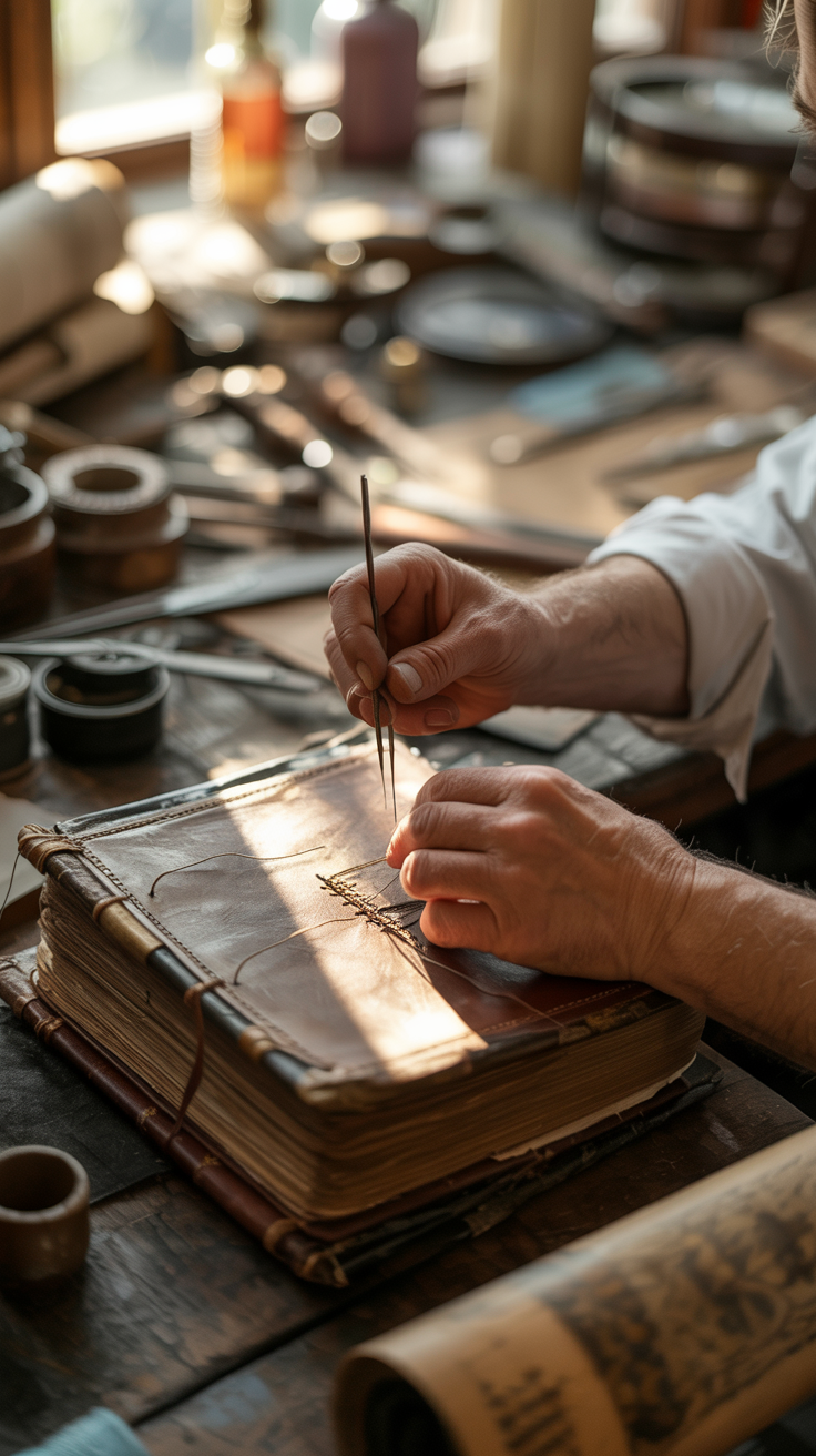 A skilled bookbinder works at a sunlit traditional workbench, stitching leather pages amidst antique tools and colorful pigments.