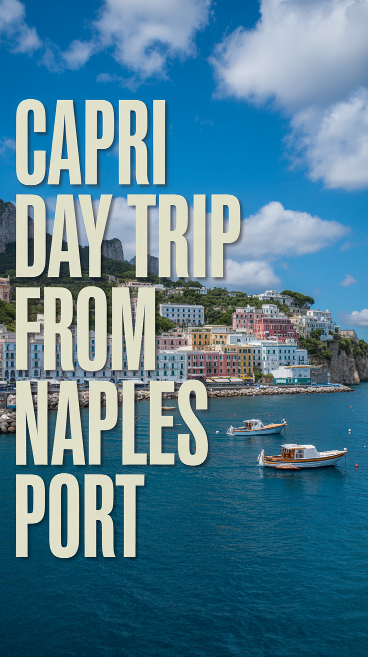 A stunning, sun-drenched photograph depicting the vibrant coastal town of Capri, viewed from the perspective of Naples Port. Dominating the left side of the frame is large, left-aligned text overlay: "Capri Day Trip from Naples Port" in a clear, modern sans-serif font. The scene showcases colorful buildings cascading down the cliffsides towards a turquoise sea, with small boats gently bobbing in the harbor, capturing the essence of a perfect Mediterranean day. A brilliant blue sky dotted with fluffy white clouds completes the picture, emphasizing the inviting atmosphere of this idyllic Italian destination.