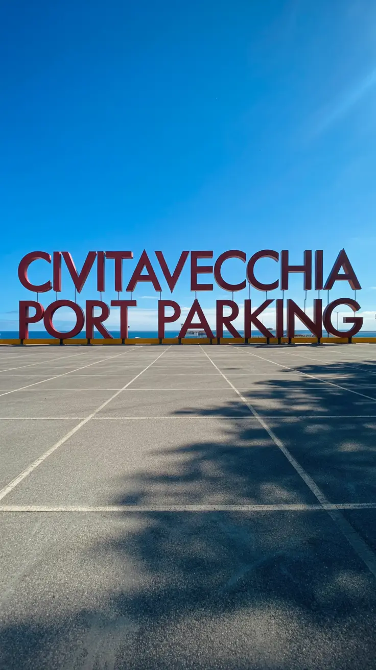 A stunning photograph depicting a large, empty parking lot adjacent to Civitavecchia Port under a bright, sunny sky, featuring clean asphalt with grid lines, subtle sun-cast shadows, and a glimpse of blue sky, emphasizing the vastness and clarity of the open parking area.