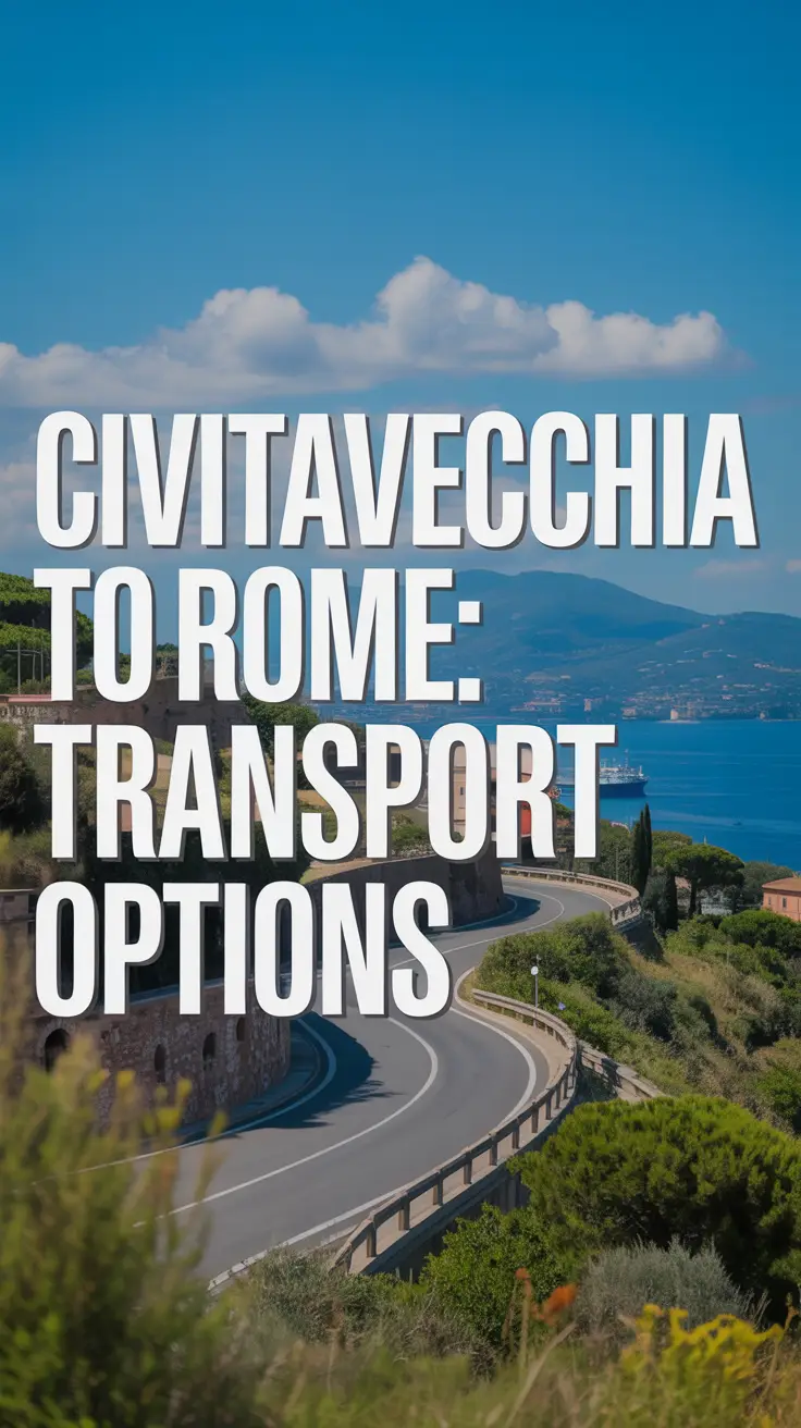 A stunning, sunlit photograph showcasing the scenic route from Civitavecchia to Rome, focusing on a winding coastal road surrounded by lush Mediterranean vegetation. The image features rolling hills beneath a bright blue sky dotted with fluffy white clouds, evoking a warm and inviting atmosphere. A clear, modern text overlay on the left reads: "Civitavecchia to Rome: Transport Options", while a shallow depth of field draws attention to the road ahead, capturing a sense of exploration and anticipation.