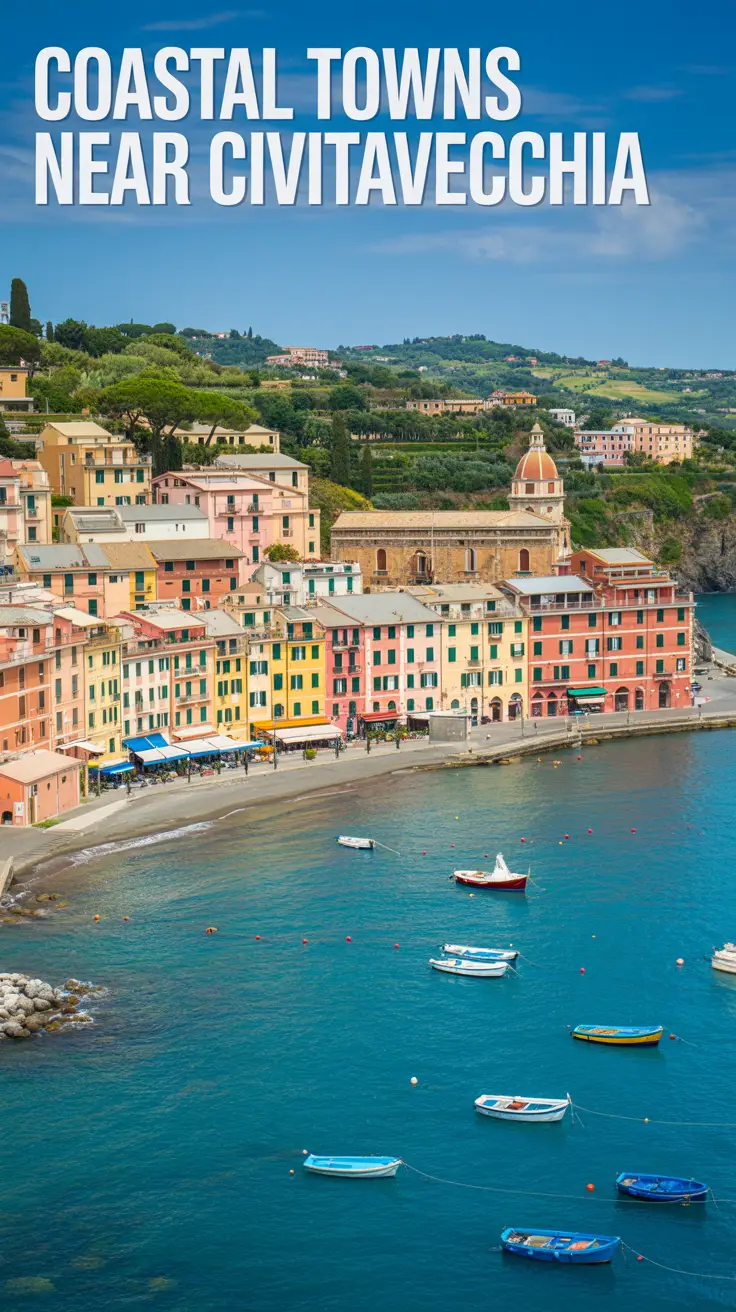 A stunning photograph of picturesque coastal towns near Civitavecchia, Italy, showcasing a vibrant panorama of colorful buildings nestled along the shoreline. The towns are bathed in the bright sunlight of a clear, sunny day, with terracotta rooftops and charming stone facades contrasting against the turquoise waters of the Tyrrhenian Sea. Rolling hills dotted with lush greenery frame the coastal scene, and small fishing boats bob gently in the harbor, creating a sense of tranquil Italian life, with large left-aligned text overlay: "Coastal Towns Near Civitavecchia".