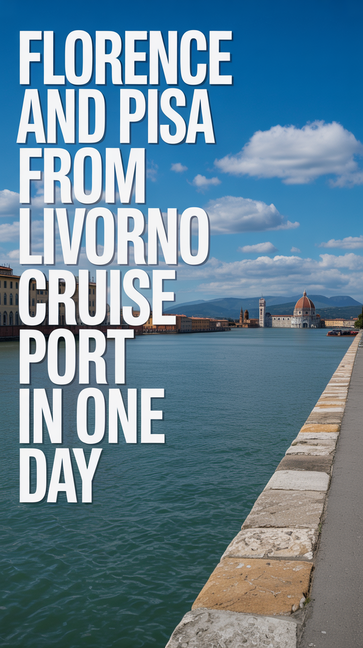 A photograph showcasing a panoramic view of Florence and Pisa, visible in the distance from the Livorno Cruise Port. A large, left-aligned text overlay prominently reads "Florence and Pisa from Livorno Cruise Port in One Day". The foreground features a stone seawall and calm, turquoise water under a bright, sunny sky with a few scattered fluffy clouds. The distant skyline of Florence and Pisa appears slightly hazy, creating a sense of depth and vastness.