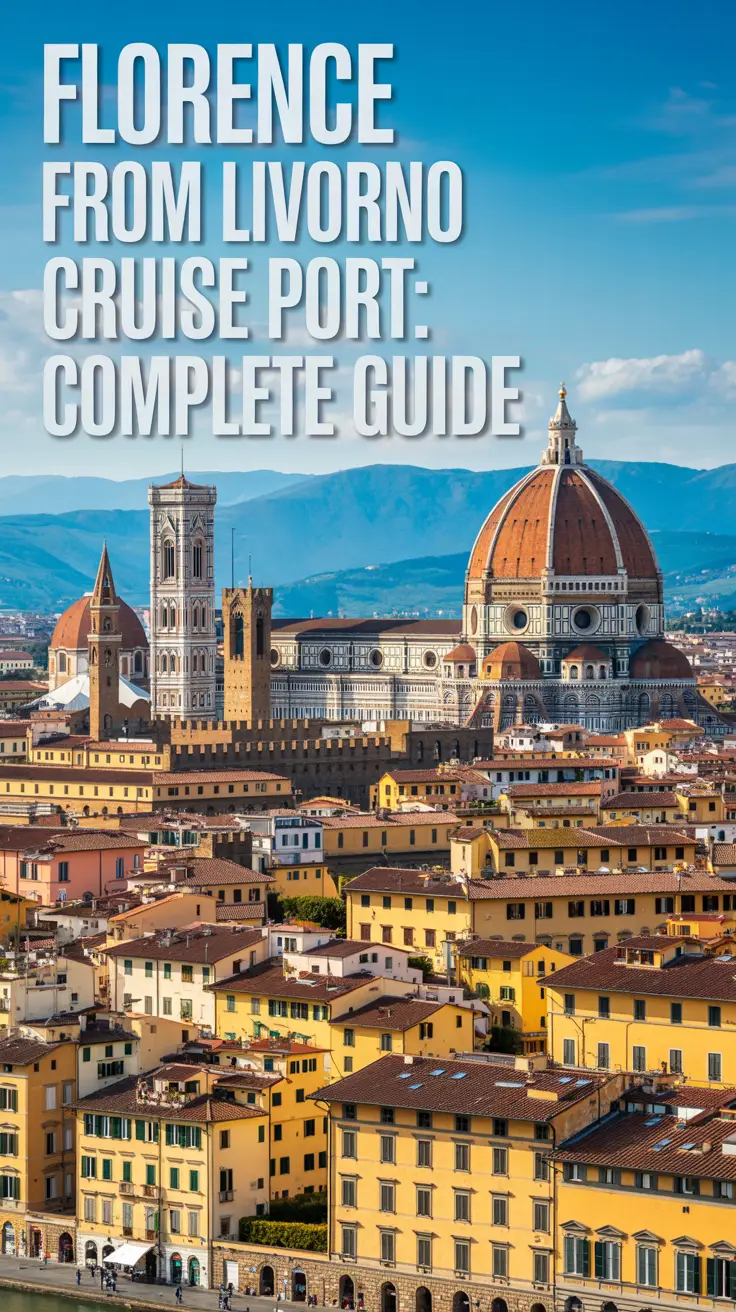 A vibrant, sun-drenched photograph showcasing the scenic view of Florence from the Livorno Cruise Port, featuring terracotta rooftops, historic buildings, and winding streets in golden sunlight, with the iconic Duomo rising against a clear blue sky.