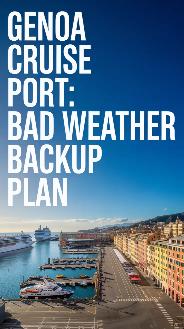 A stunning, sun-drenched photograph showcasing the Genoa Cruise Port on a clear day. The foreground features the bustling port area with colorful buildings and a bright blue sky overhead, with large left-aligned text overlay: "Genoa Cruise Port: Bad Weather Backup Plan". No ships are present; instead, the focus is on the architecture and activity of the port itself, illuminated by strong sunlight that highlights the details of the buildings and casts long shadows. The composition emphasizes the port’s functionality and vibrancy, with a clear view of the docks and the city beyond, all bathed in the warm glow of a sunny Italian day.