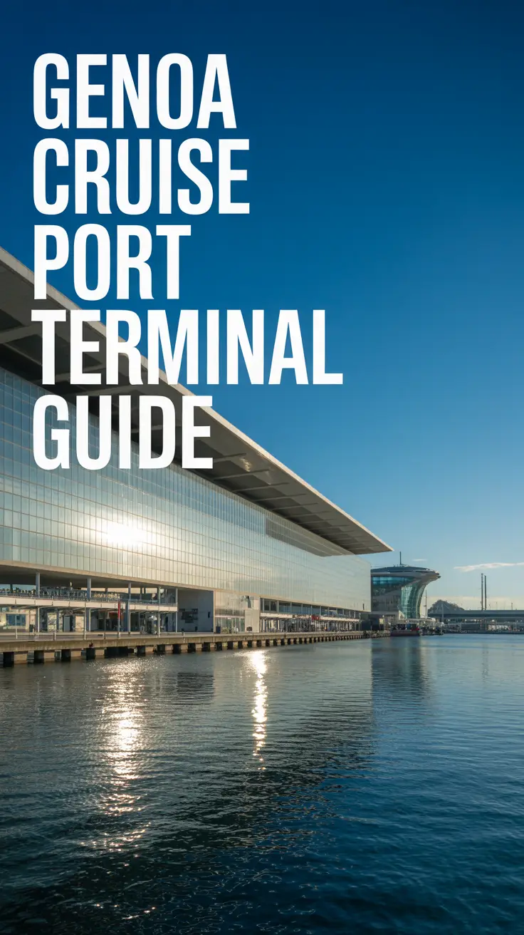 A stunning, wide-angle photograph depicting the Genoa Cruise Port Terminal bathed in bright, natural sunlight. The imposing modern architecture of the terminal building dominates the left side of the frame, showcasing its clean lines and expansive glass facade. A clear blue sky stretches out above, highlighting the building’s geometric structure and reflecting off the water in the foreground, creating subtle shimmering patterns.