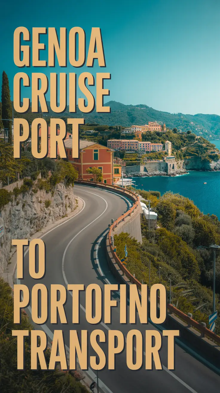 A stunning photograph of a scenic coastal road winding from Genoa Cruise Port towards the picturesque village of Portofino. The road curves gently along the Ligurian coastline, revealing glimpses of turquoise waters and charming hillside buildings, with "Genoa Cruise Port to Portofino Transport" text overlaid on the left side in a clear, modern font. Bright, natural sunlight highlights the lush greenery and terracotta rooftops, creating an inviting view of the Italian Riviera captured with a wide-angle lens.