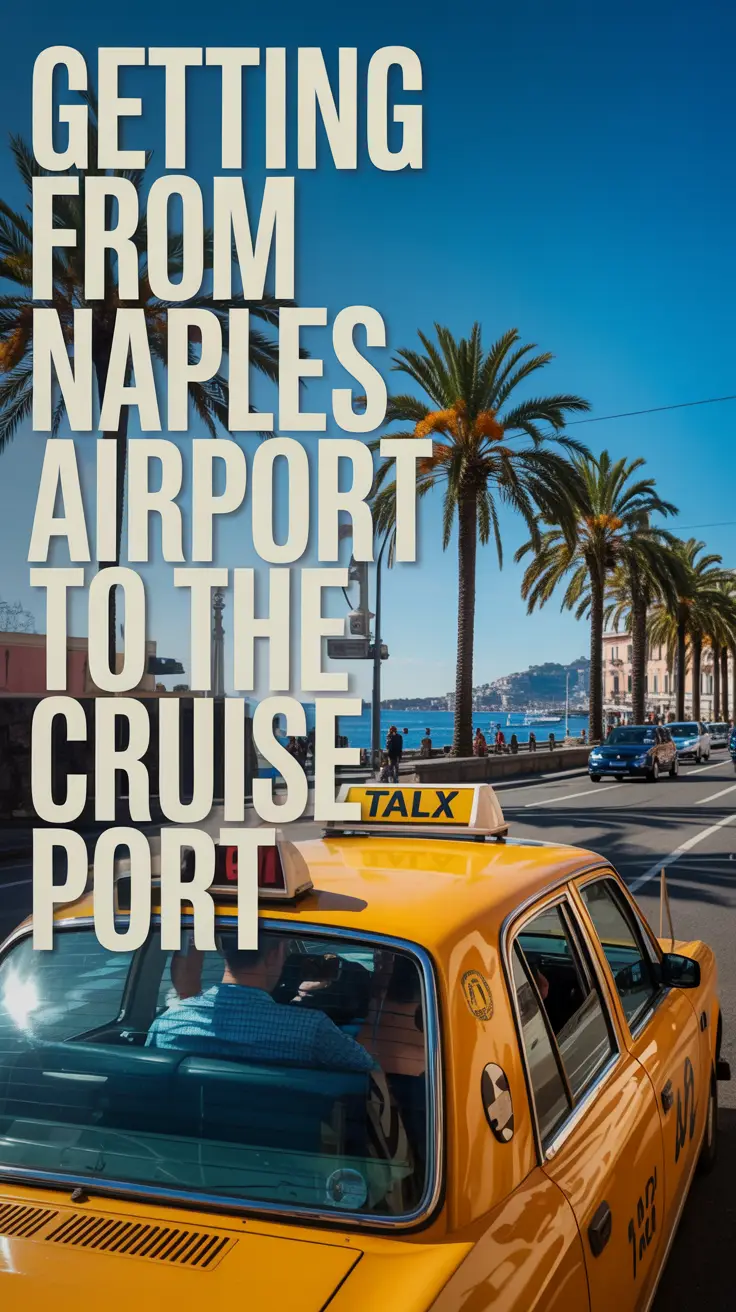 A photograph of a sun-drenched taxi cab driving along a palm-lined avenue in Naples, Italy, with large left-aligned text overlay reading "Getting from Naples Airport to the Cruise Port"; the classic yellow cab reflects intense sunlight under a vibrant blue sky, with the Mediterranean Sea and colorful buildings in the scenic background.