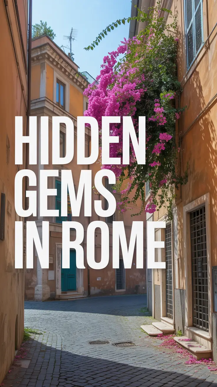 A stunning photograph showcasing a charming, hidden alleyway in Rome, Italy, with aged cobblestones, vibrant blooming bougainvillea cascading down weathered walls, a quaint turquoise door in the distance, and sunlight highlighting stone textures—framed by a blurred backdrop of traditional Roman architecture.