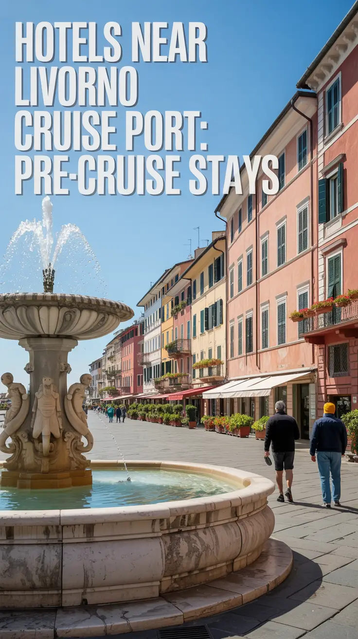 A photograph of a charming, sun-drenched Italian piazza in Livorno, Italy, featuring a classic stone fountain with weathered carvings and cascading water, set to the left of the frame. The scene includes pastel-colored buildings with vibrant flower boxes and a few casually dressed pedestrians, all bathed in clear daylight. Large text reading "Hotels Near Livorno Cruise Port: Pre-Cruise Stays" is left-aligned over the image.