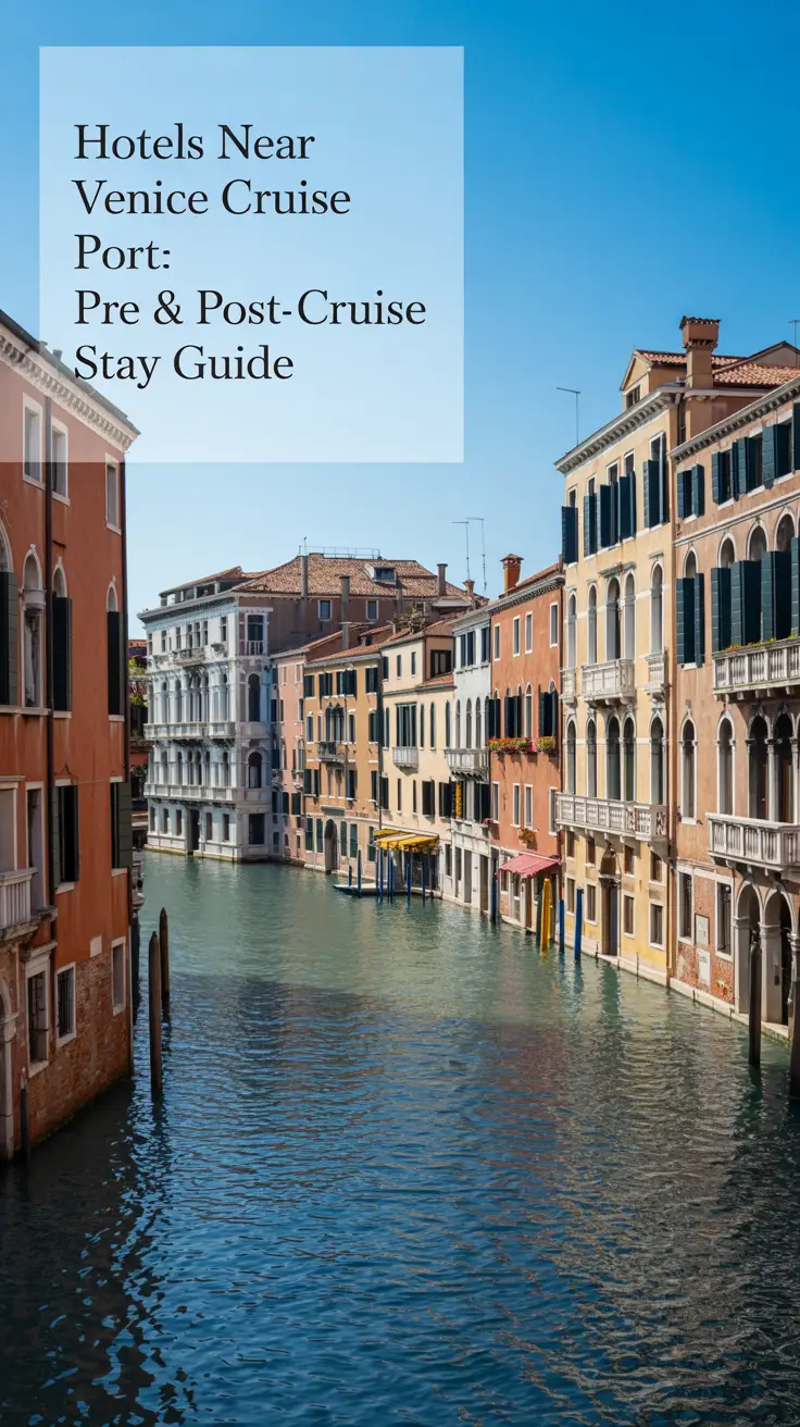 A stunning lifestyle advertisement showcasing a picturesque view of charming Venetian canals and historic buildings, ideal for promoting hotels catering to cruise passengers. The scene is bathed in bright, natural sunlight highlighting the vibrant colors of the architecture and reflecting off the water, with a focus on a peaceful, inviting atmosphere.