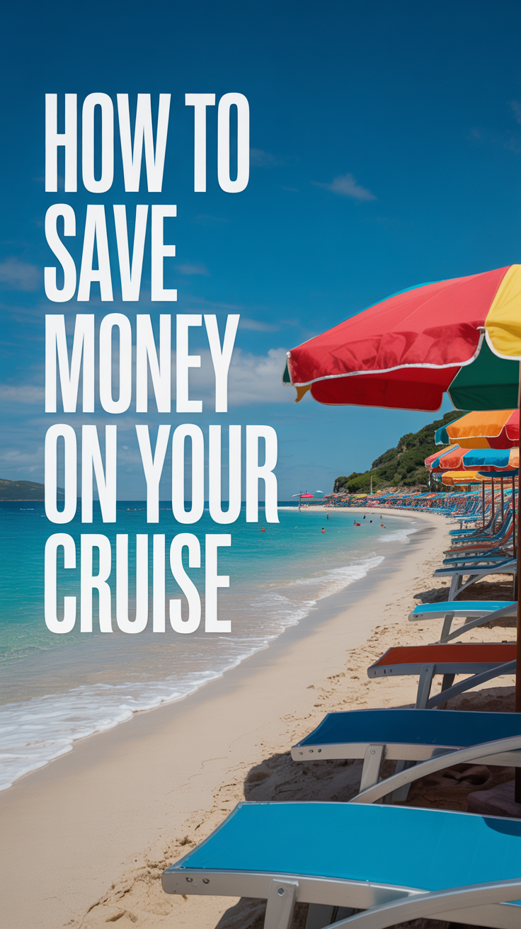 A bright, lifestyle advertisement depicting a picturesque coastal scene, evoking a sense of relaxation and wanderlust related to cruise vacations. The image showcases a pristine beach with turquoise water gently lapping the shore, bathed in warm sunlight and dotted with colorful beach umbrellas and comfortable lounge chairs, completely devoid of any cruise ships. Overlayed on the left side of the frame is the bold text, "How to Save Money on Your Cruise" in a clear, modern sans-serif font. The overall aesthetic is vibrant and inviting, emphasizing the aspirational aspects of travel while subtly hinting at cost savings, creating a sunny and optimistic mood.