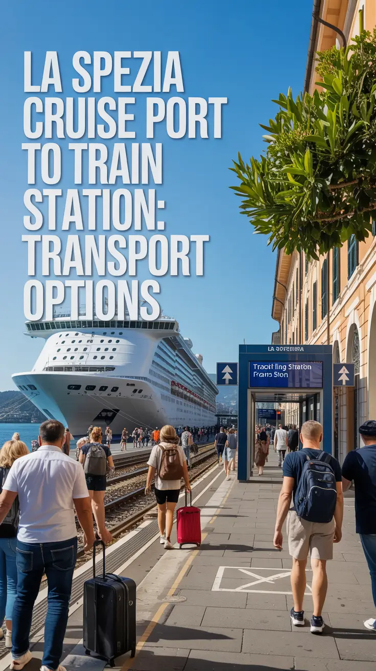 A stunning, sun-drenched photograph depicting the exterior of La Spezia Cruise Port, focusing on the transition point towards the train station; captures a bustling pedestrian area with travelers and luggage, clearly marked signage directing passengers, framed by typical Italian architecture and vibrant foliage under warm sunlight.