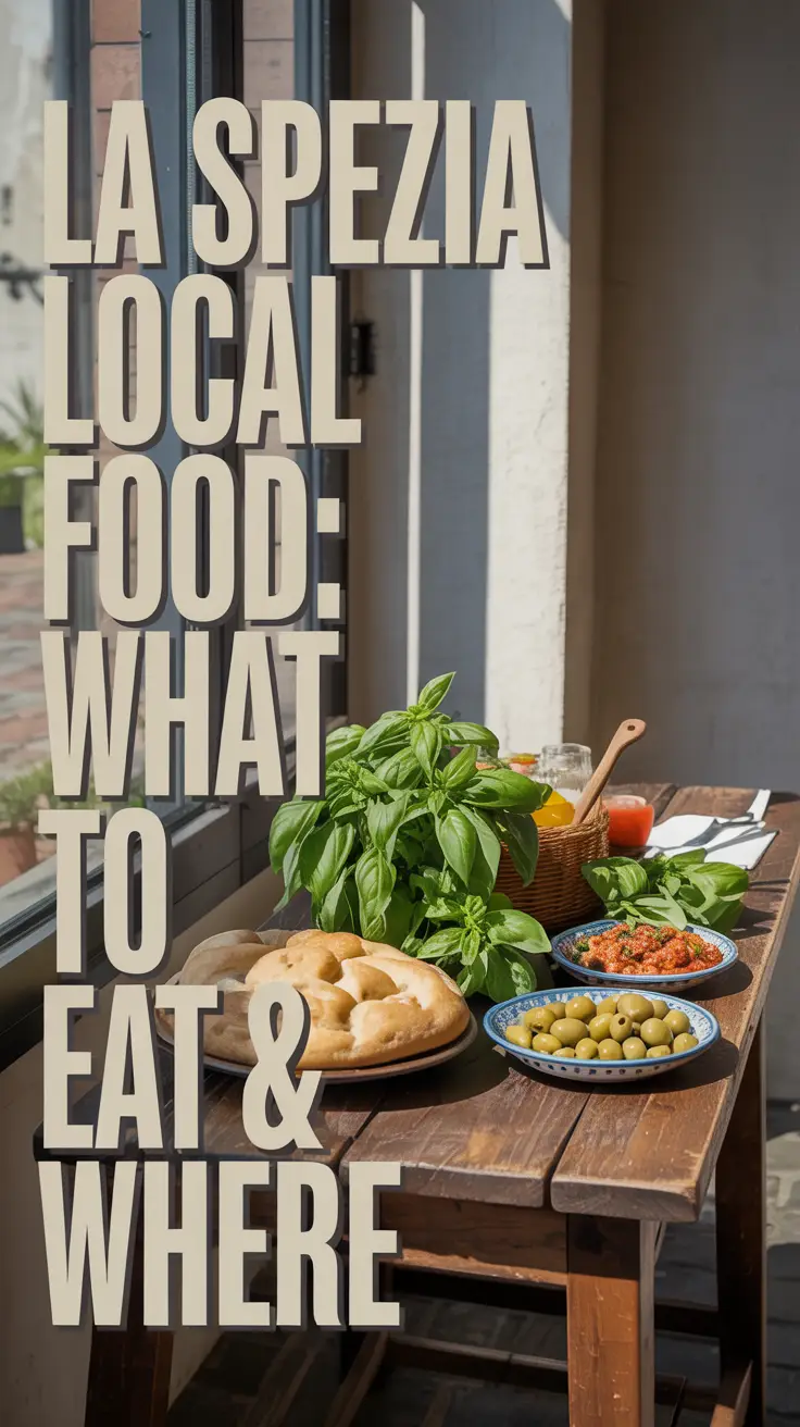 A vibrant display of fresh Ligurian pesto, basil, focaccia, and olives arranged on a rustic wooden table in La Spezia, with sunlight streaming through a window casting strong shadows and a simple white wall in the background, evoking authenticity and the essence of local cuisine.