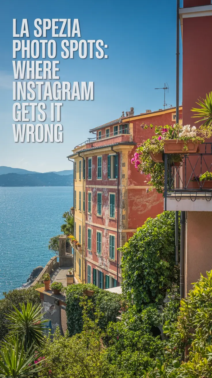 A stunning, sun-drenched photograph capturing the vibrant Ligurian coastline of La Spezia, Italy, featuring a weathered pastel-colored building nestled in lush greenery with balconies overflowing with flowers, set against a sparkling turquoise sea and distant hills under bright sunlight.