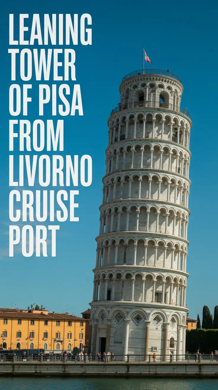 A photograph depicting the iconic Leaning Tower of Pisa as viewed from the Livorno Cruise Port. The tower stands prominently against a clear, bright blue sky, its characteristic tilt immediately noticeable. The foreground features a glimpse of the port's waterfront, with a few blurred figures of tourists and a glimpse of a light-colored building in the distance, all bathed in the intense sunlight of a sunny day.