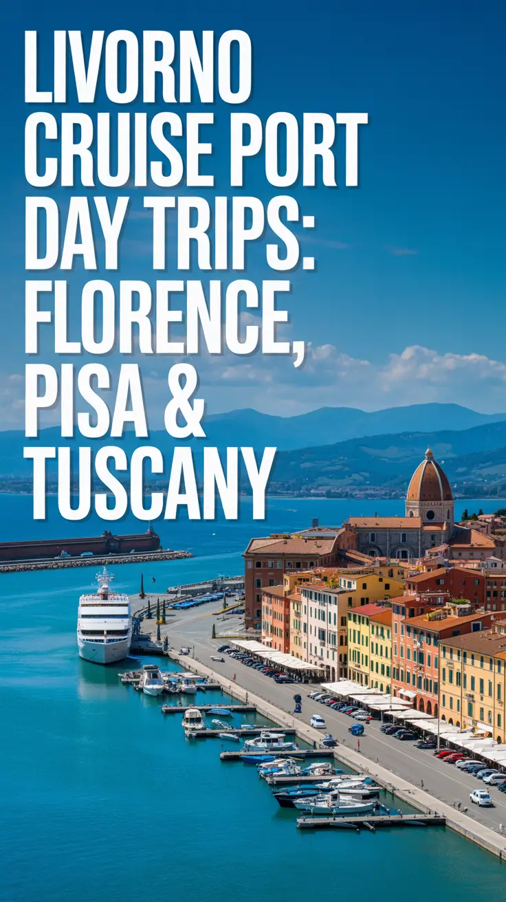 A stunning, sun-drenched photograph of the Livorno Cruise Port on a clear summer day, featuring colorful buildings and bustling port activity in the foreground with docked boats, vibrant blue water, and a clear sky in the background. Left-aligned overlay text reads “Livorno Cruise Port Day Trips: Florence, Pisa & Tuscany.”
