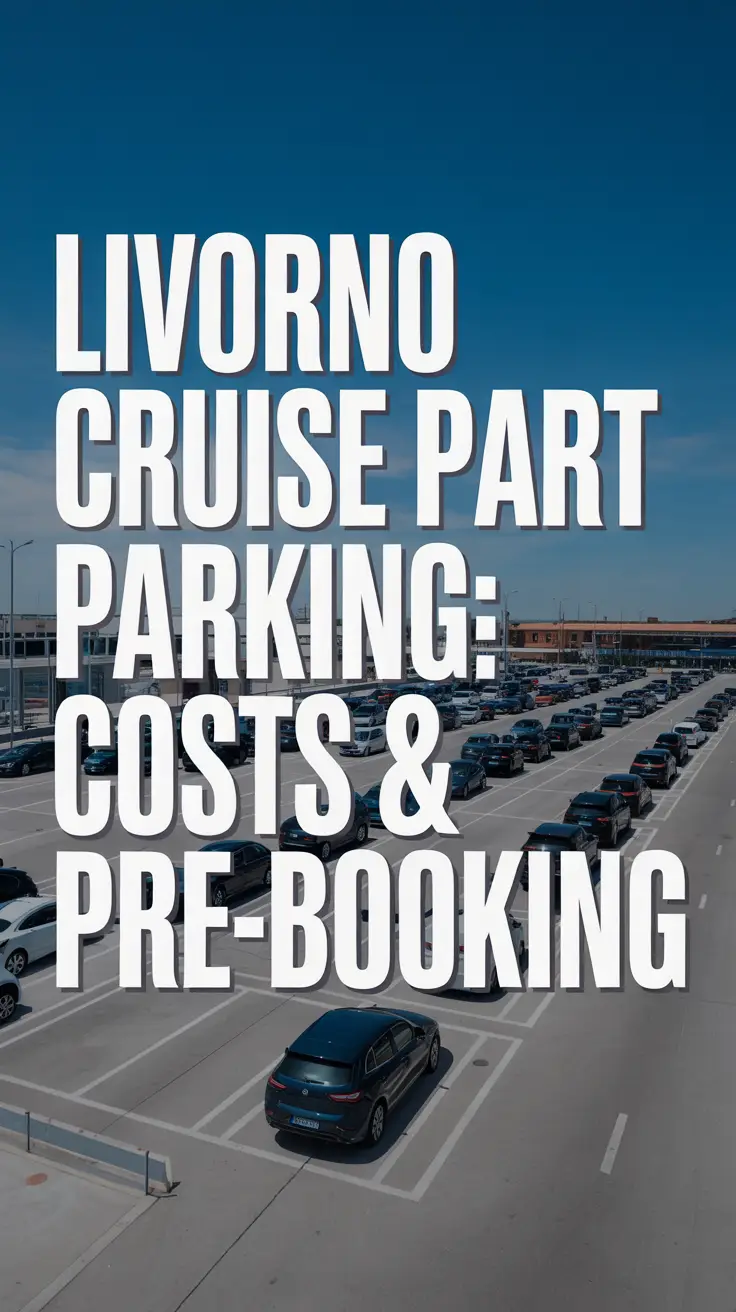 A photograph of a modern parking lot with rows of neatly parked cars under a bright sunny sky. Prominently displayed in large, bold, left-aligned white text is the phrase "Livorno Cruise Port Parking: Costs & Pre-Booking." The parking lot has a light gray concrete surface with clear lane markings and scattered sunlit shadows, focusing on a single dark blue car. In the background, distant buildings and a clear blue sky maintain emphasis on the parking area.