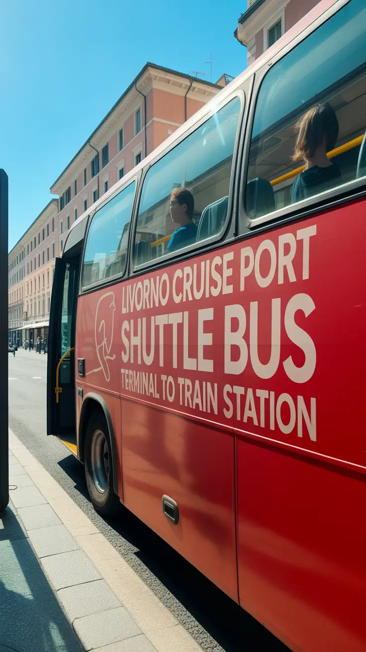 A photograph of a bright red Livorno Cruise Port Shuttle Bus parked on a sun-drenched street next to a bus stop, with large white lettering reading "Livorno Cruise Port Shuttle Bus: Terminal to Train Station," clean and modern design visible, a few passengers seen through the windows, framed by pastel-colored buildings under a clear blue sky, with sunlight reflecting off the bus and casting sharp shadows.
