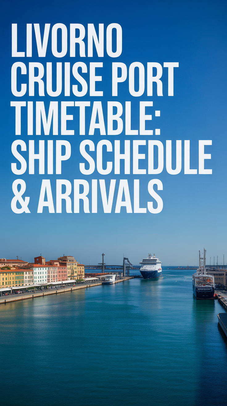 A stunning, bright, daytime photograph capturing a panoramic view of the Livorno Cruise Port, featuring a bustling waterfront with colorful buildings, a calm blue sea, and a clear, sunny sky; the composition emphasizes the open expanse of the harbor with no visible ships, conveying spaciousness and activity.