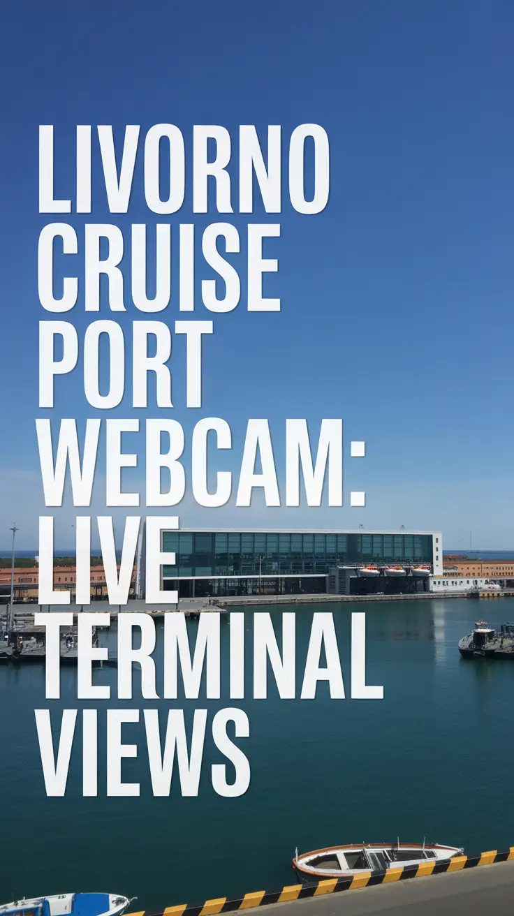 A photograph of the Livorno Cruise Port terminal viewed from a slightly elevated perspective on a bright, sunny day. The modern terminal features large glass windows reflecting the clear blue sky and surrounding harbor waters. Several small boats are visible in the foreground, with natural sunlight casting sharp shadows and enhancing the vibrant colors of the scene. White left-aligned overlay text reads "Livorno Cruise Port Webcam: Live Terminal Views."