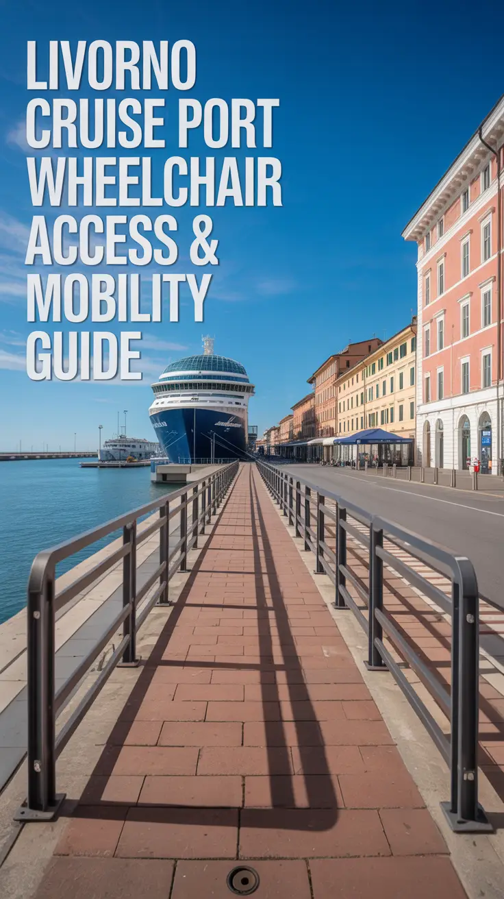 A stunning, sun-drenched photograph of the Livorno Cruise Port, focusing on a paved walkway with accessible ramps and handrails. The walkway leads towards the port entrance, clearly showcasing the wheelchair accessibility features. Bright sunlight illuminates the scene, highlighting the blue sky and the vibrant colors of the surrounding buildings. Overlaid on the left side of the image in large, clear text is "Livorno Cruise Port Wheelchair Access & Mobility Guide".