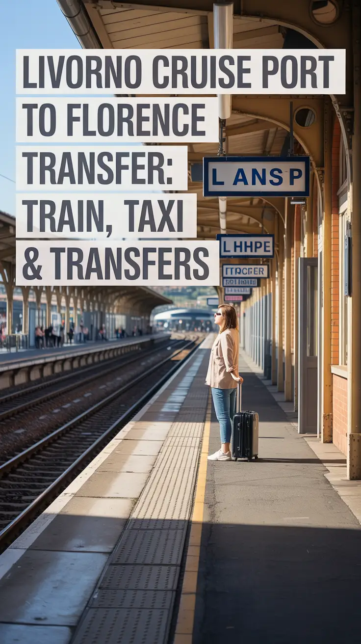A photograph of a bustling train station platform bathed in bright sunlight, featuring a single passenger with a small suitcase, vintage-style signage, and warm-toned brick and weathered concrete architecture, conveying a vibrant sense of travel anticipation and transition.
