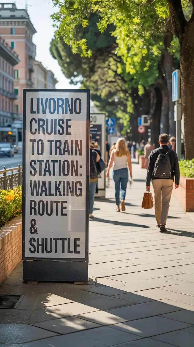 A stunning, sunlit photograph depicting a well-maintained city sidewalk leading toward the Livorno train station, with a clear directional sign reading "Livorno Cruise Port to Train Station: Walking Route & Shuttle" in bold, left-aligned text; the warm-toned stone pathway is illuminated by sunlight, with pedestrians strolling casually and lush green trees and buildings in the background, capturing the inviting atmosphere of urban travel and exploration.