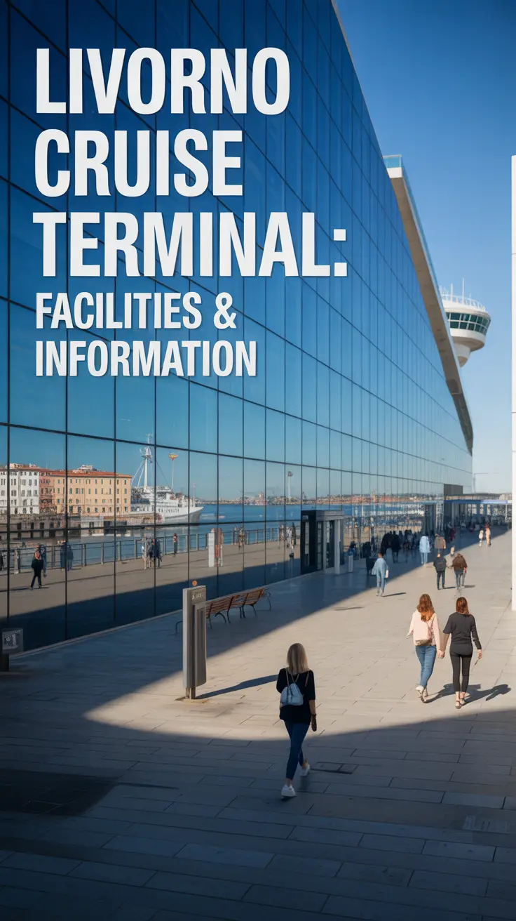 A stunning, sun-drenched photograph of the Livorno Cruise Terminal, focusing on its modern architecture and bustling atmosphere. The terminal’s glass facade reflects the clear blue sky, showcasing a panorama of surrounding waterfront buildings and distant maritime activity, with large left-aligned text overlay: "Livorno Cruise Terminal: Facilities & Information". Sunlight streams across the paved plaza, highlighting benches and signage, while a few pedestrians casually stroll by, creating a welcoming and vibrant scene.