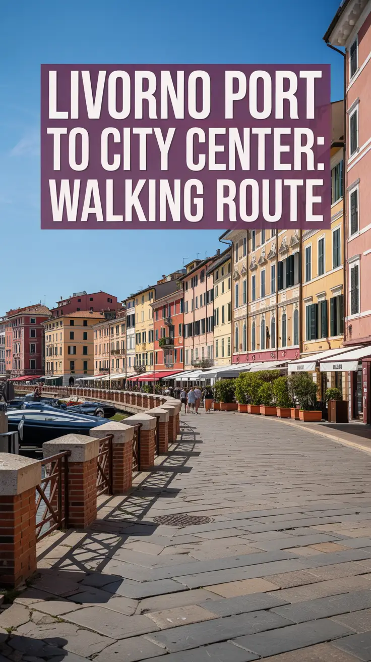A stunning, sunlit photograph depicting a vibrant walking route from Livorno Port towards the city center. The image focuses on a charming cobblestone street winding through the historical district, showcasing colorful buildings and inviting storefronts. "Livorno Port to City Center: Walking Route" is prominently displayed as a large, left-aligned text overlay across the top portion of the frame. The scene is bathed in bright daylight, emphasizing the lively atmosphere of the city and the pedestrian-friendly route.