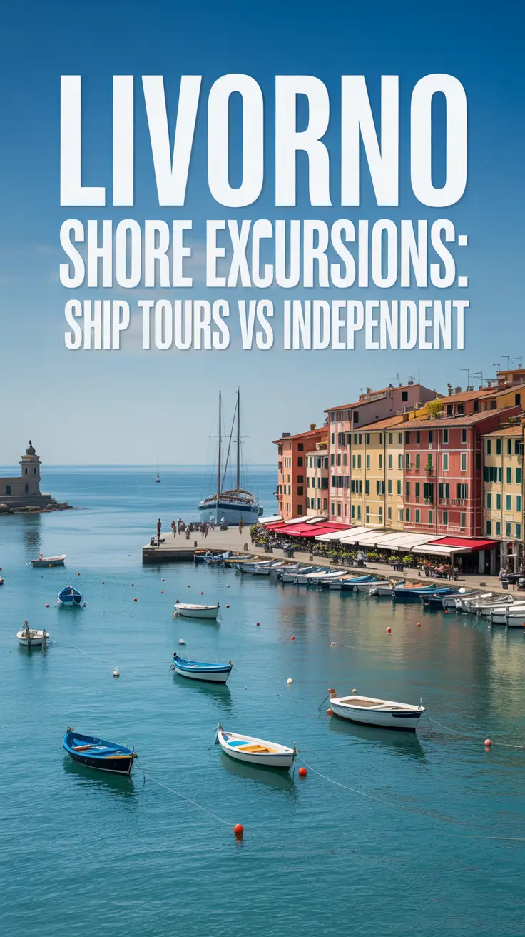 A stunning, sun-drenched photograph depicting a picturesque coastal scene in Livorno, Italy, focusing on a vibrant, bustling harbor. The foreground showcases a charming Italian cafe with outdoor seating, overlooking a calm, turquoise sea dotted with small fishing boats and sailboats gently bobbing in the water. A large, left-aligned text overlay reads "Livorno Shore Excursions: Ship Tours vs Independent" prominently displayed above the harbor view, while the bright sunlight illuminates the colorful buildings and creates a cheerful atmosphere without a visible ship. The overall composition is balanced and inviting, emphasizing the beauty and appeal of independent exploration in this captivating Mediterranean port.
