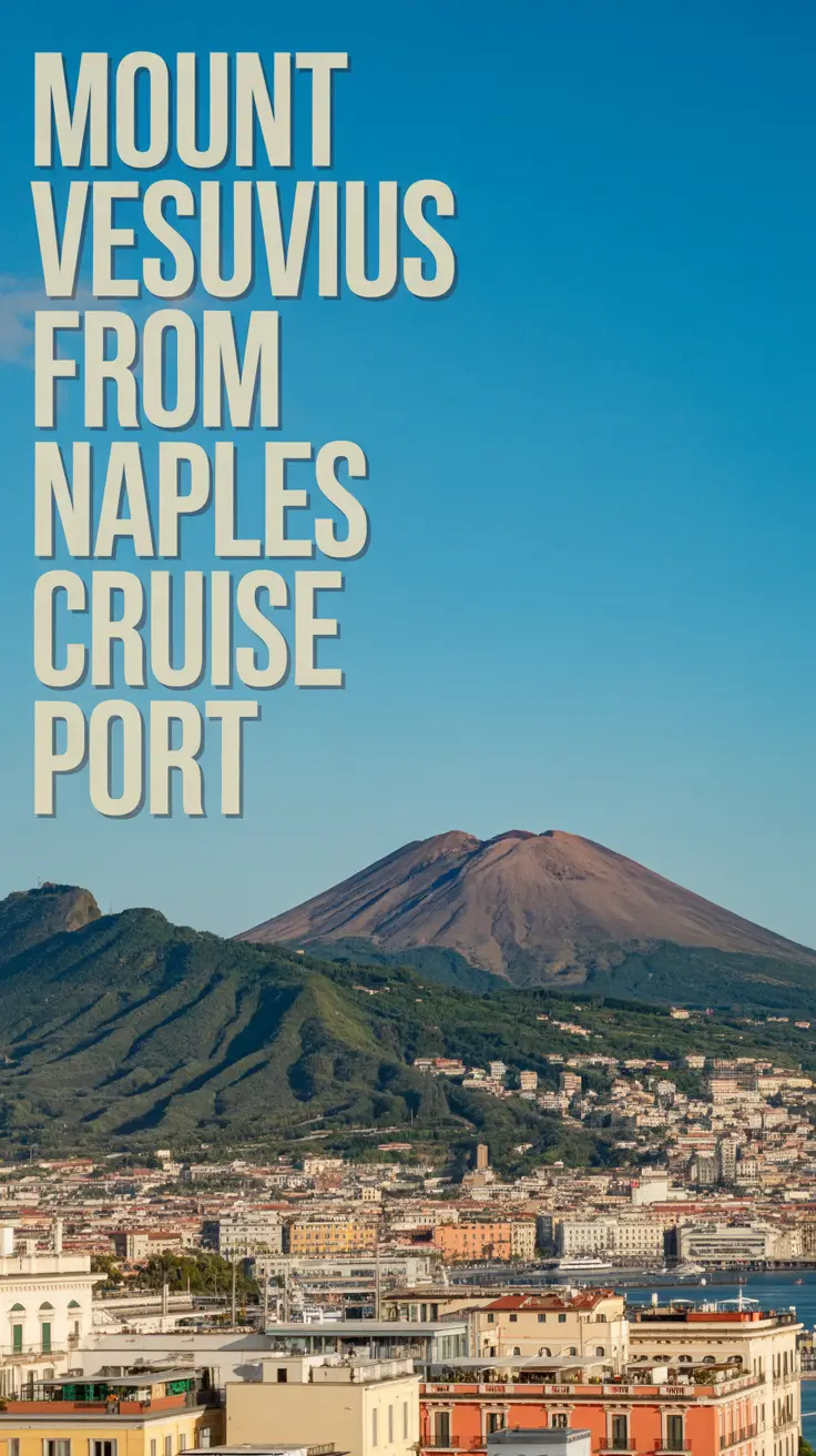 A photograph depicting Mount Vesuvius rising majestically above the bustling Naples cruise port. The iconic volcano is framed against a clear, azure sky, showcasing its cone-shaped form with patches of green vegetation along its slopes. The vibrant cityscape of Naples with terracotta-roofed buildings stretches toward the volcano’s base, bathed in bright, direct sunlight. Large, bold text on the left reads "Mount Vesuvius from Naples Cruise Port."